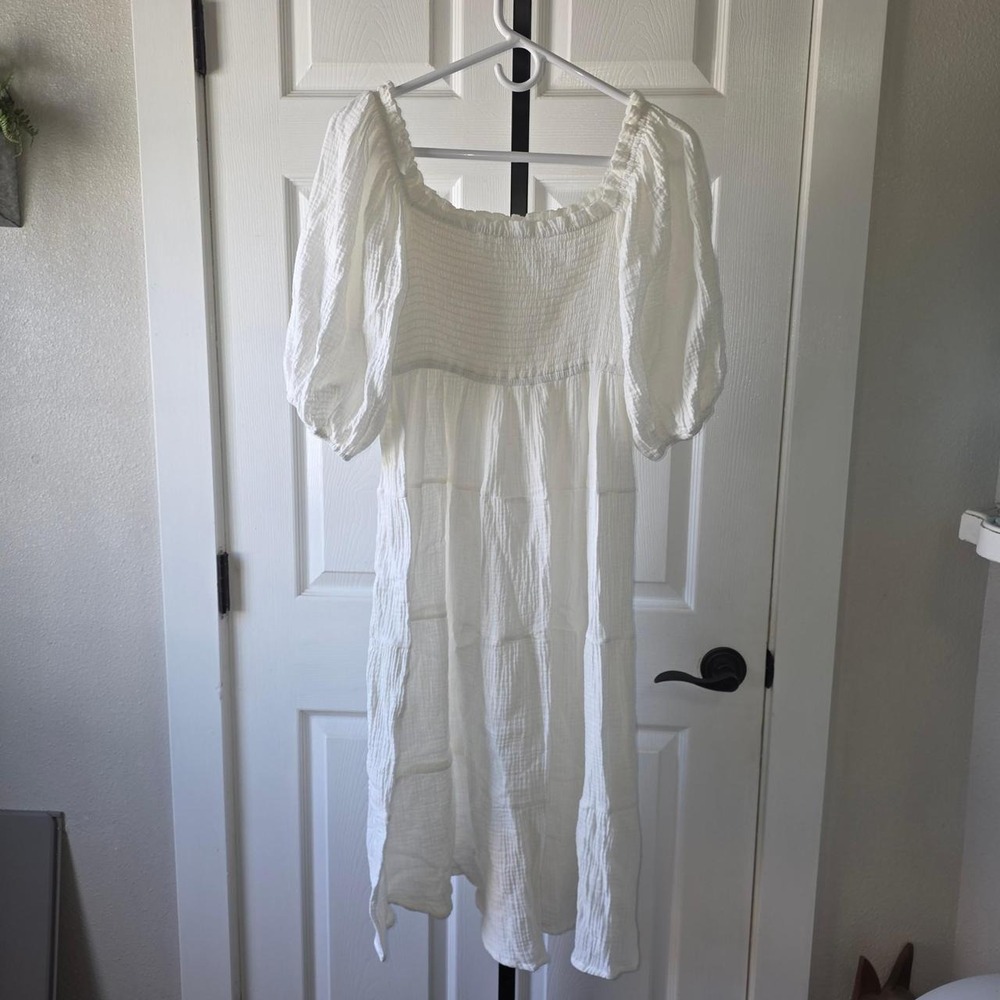 Women's White Cotton Gauze Midi Dress Size XL 16/18